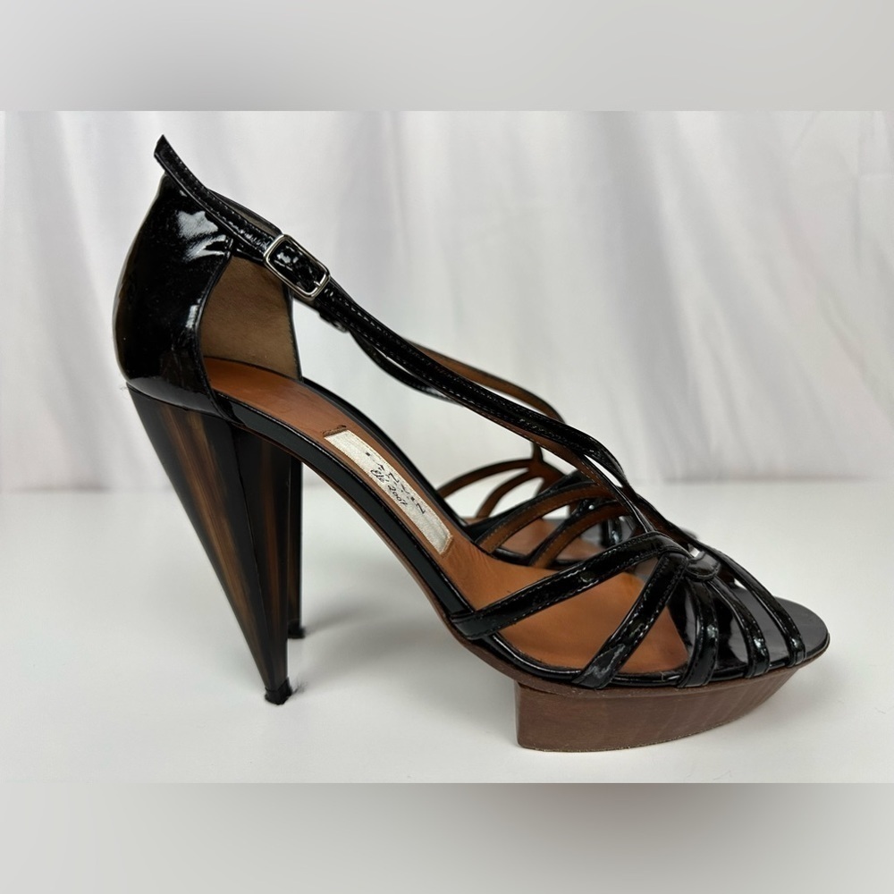 Black Patent Leather Lanvin Platform Cone Heeled Sandals Sz 38 - Picture 3 of 7